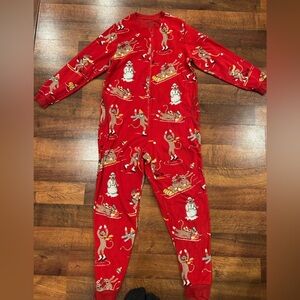 Nick & Nora Sock Monkey One Piece Pajama Zip M Women Red Ice Skating Sledding